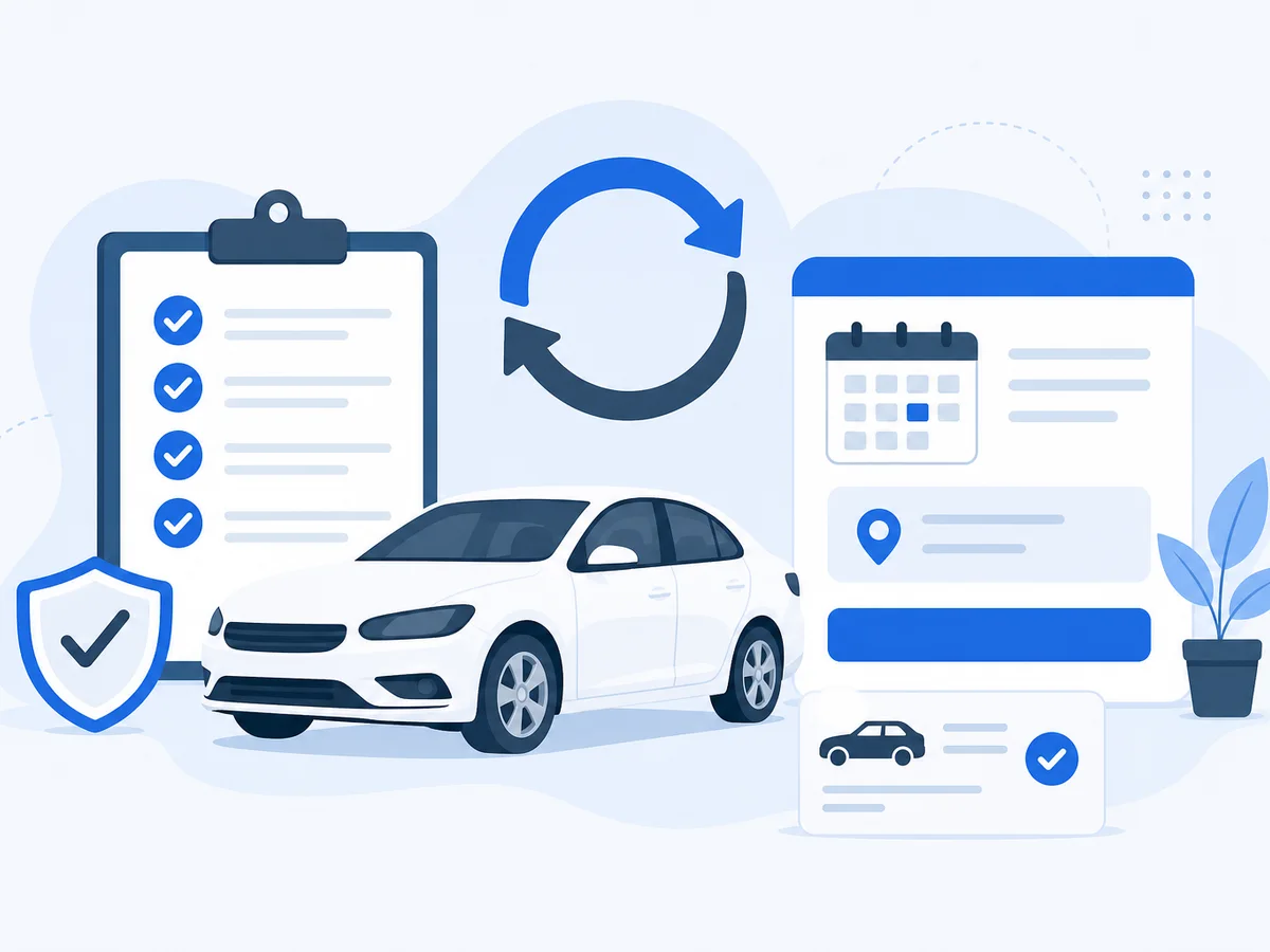 Flat illustration of a car silhouette, renewal checklist, booking card, and circular renewal arrows.